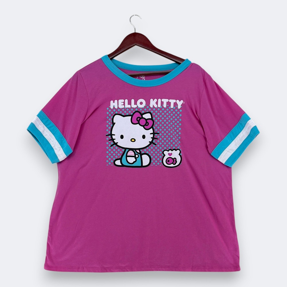 Sanrio Womens Hello Kitty Ringer T-Shirt Size 2 (2x) Pink Varsity Stripe Kawaii